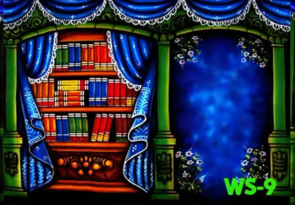 backdrop background latar kain wisuda rak buku sekolah