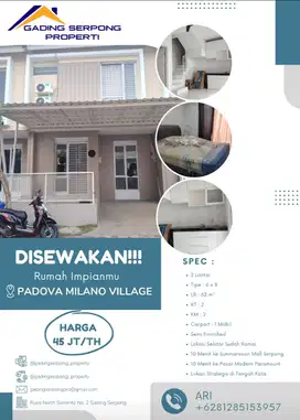 PADOVA MILANO village gading serpong jual 1,2m pasaran1,6m Disewa 45jt