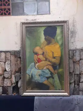 Antik vintage lukisan oil on canvas karya sudar judul kasih sayang