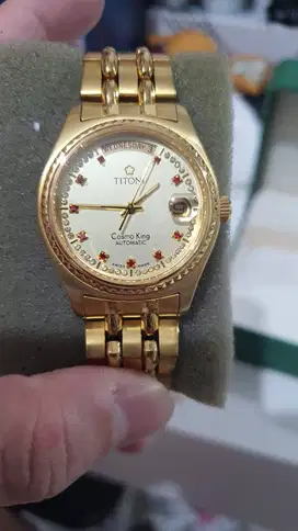 JAM TITONI COSMO KING 777 DAYDATE STONE DIAL GOLD PLATED LENGKAP MULUS