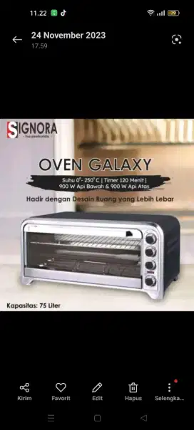 Dijual Oven Galaxy SIGNORA kapasitas 75 L