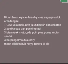 lowongan laundry ceger,pondok aren