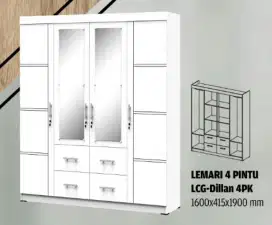 Lemari pakaian 4 pintu ada laci dan cermin