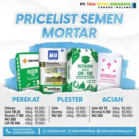 Pricelist Harga Semen Mortar, Bata Ringan, Panel Lantai