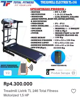 Alat fitnes treadmill elektrik TL 246 baru