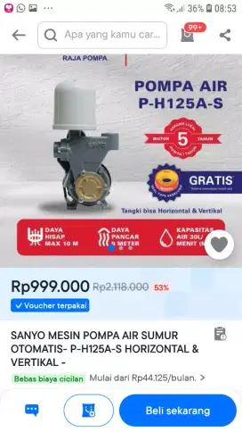 POMPA AIR SANYO P-H125A-S OTOMATIS-GARANSI RESMI SANYO