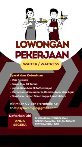 DIBUTUHKAN WAITER WAITRESS RESTORAN BUDAYAKAN BACA DESKRIPSI