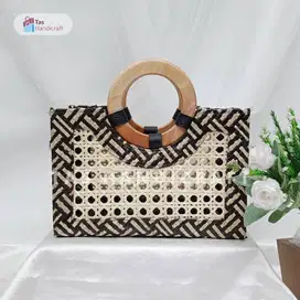 Tas Pandan Lurik Handle Kayu | Tas Pandan Anyaman Bambu Handle Kayu