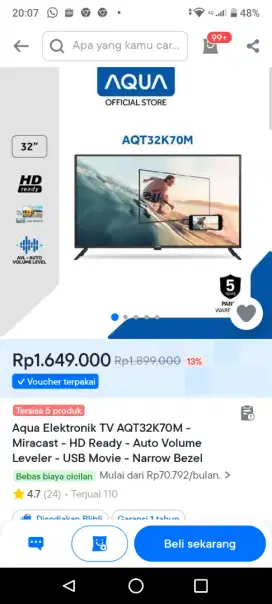 TV AQUA AQT32K70M-30INCH-HD READY -DIGITAL TV-HDMI-USB-MIRACAST-GRS