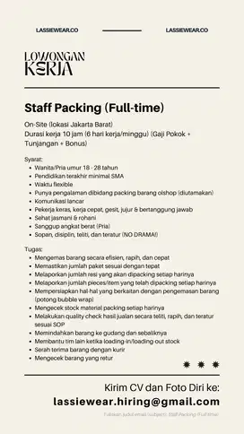 KARYAWAN STAFF PACKING BERPENGALAMAN ONLINE SHOP OLSHOP JAKARTA BARAT