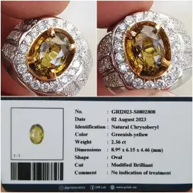 Natural Chrysoberyl 2.36 ct LoupClean ring perak Handmade GRI