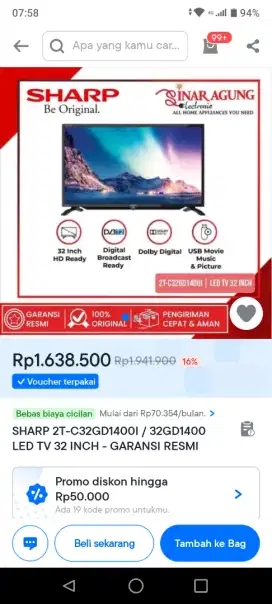SHARP 2T-C32GD1400i/32GD1400i LED TV 32 INCH-GARANSI RESMI SHARP