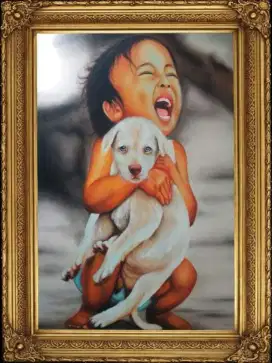 Lukisan anak kecil bersama anjing kecil
