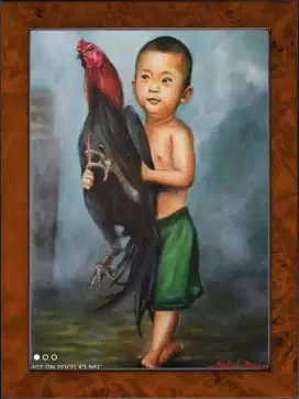 Lukisan anak kecil menggendong ayam jago