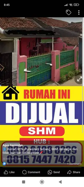 Dijual Rumah BTN di Purwadadi Subang