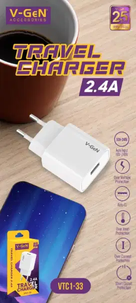 Kepala Charger V-Gen 1 Port USB 2,4A Travel Adapter