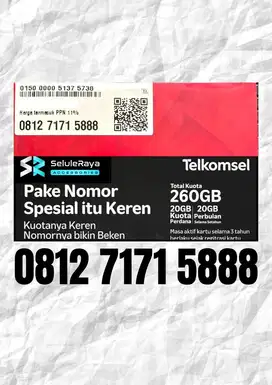 Nomor Cantik Telkomsel bonus kuota 260gb masa aktif kartu 3 tahun