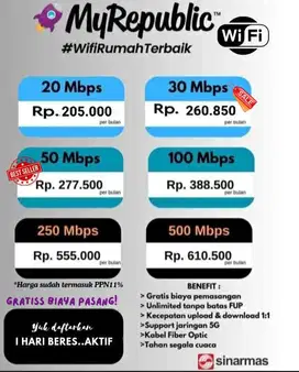 Pasang WIFI murah MY REPUBLIC Gratis biaya pasang boss!