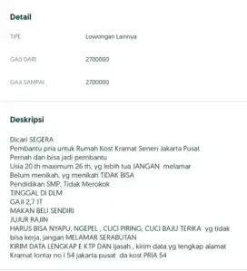 DICARI SEGERA PEMBANTU PRIA UNTUK RUMAH KOST JAKARTA PUSAT KRAMAT