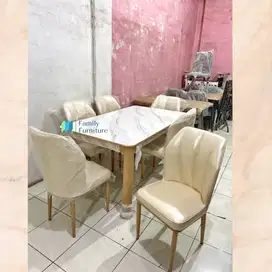 Meja Makan Marmer 6 Kursi Rangka Besi Kokoh Minimalis Kursi Balut Kuli