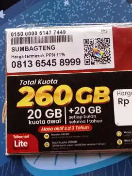 NOMOR CANTIK TELKOMSEL BONUS KUOTA 260 GB SETAHUN.