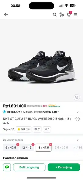 Sepatu Basket Nike Air Zoom GT Cut 2 EP Black White ORI