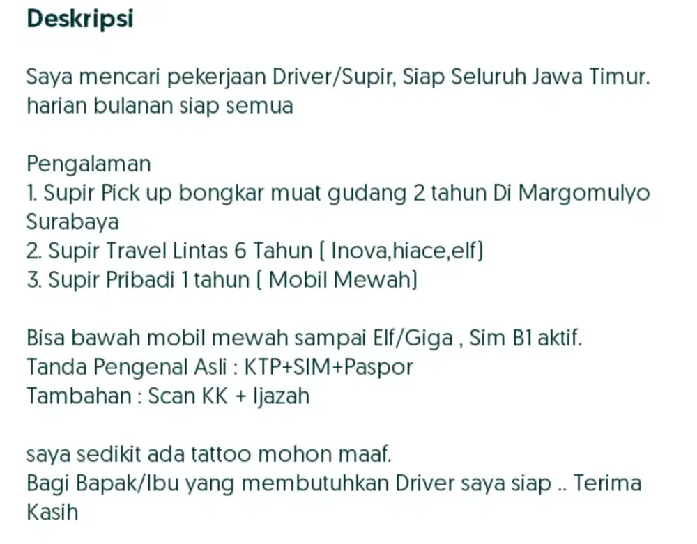 Driver Supir Panggilan Harian Freelance B1