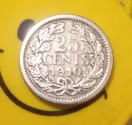 Koin perak langka Wilhelmina 25 cent th. 1910 key-date