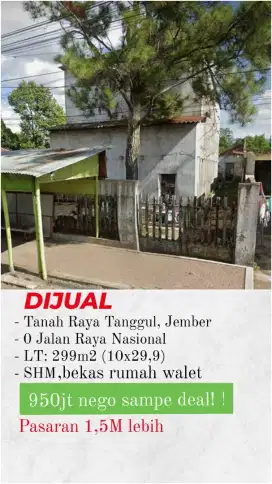 BU CEPAT!!! Tanah Raya Tanggul Jember, LT 299m2, SHM