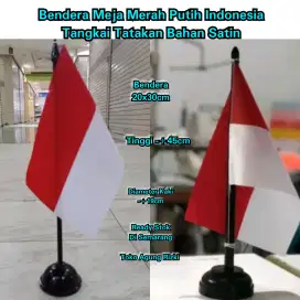 Bendera Meja Merah Putih Indonesia Tangkai Tatakan Bahan Satin 20 x 30