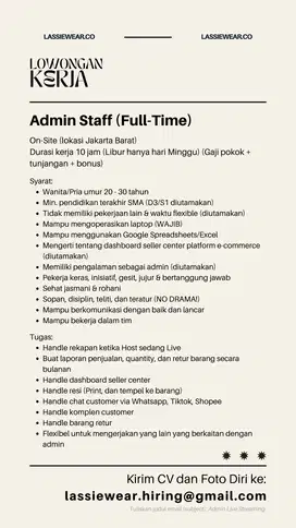 LOWONGAN KERJA ADMIN ONLINE SHOP OLSHOP JAKARTA BARAT