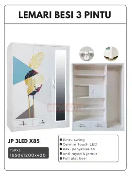 Lemari Pakaian Full Besi 3pintu cermin LED