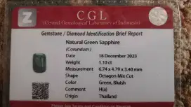 Dijual Natural Green Sapphire 1.1 Carat