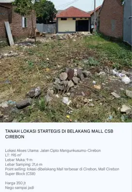 DIJUAL MURAH, TANAH DI BELAKANG MALL CSB CIREBON