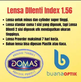 LENSA KACAMATA BILENTI 1.56 PLASTIK DOMAS UTK MINUS CYL SUPER TINGGI