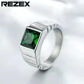 Cincin Silver green stone Pria Titanium S Stell