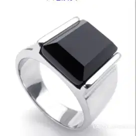 Cincin baja titanium Silver Pria Batu black Onyx cubic zircon