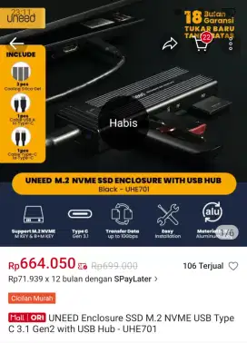UNEED Enclosure SSD M.2 NVME USB Type C 3.1 Gen2 - UHE701 New Segel