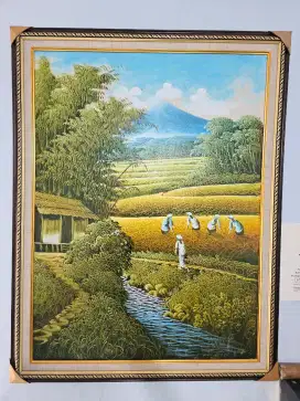 Lukisan minyak Panen Sawah / Padi Field Harvest Oil Painting