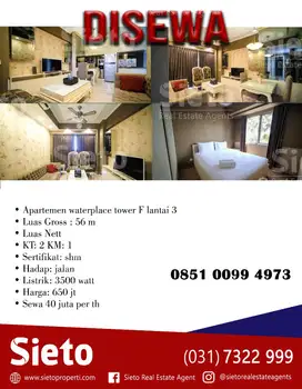 PROMO  Disewa Apartemen Waterplace Tower F lantai 3, Harga Sewa 40jt