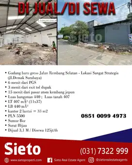 PROMO  Disewa Gudang Baru Gress Jl. Rembang Selatan, Harga 125juta/thn