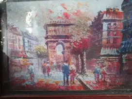 Lukisan hardboard gedung2 dan orang eropa lawas.