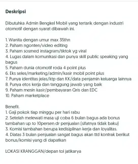 Cari ADMIN BENGKEL MOBIL UMUM