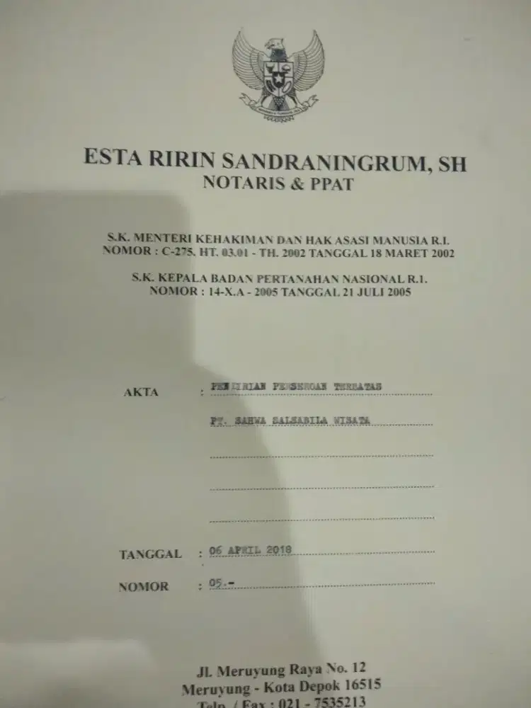 Dijual Akta Pendirian PT Bidang Pariwisata 2018