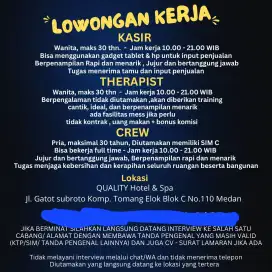 Di butuhkan kasir, kru/cs dan terapis untuk tempat spa di medan