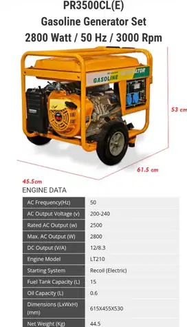 Genset Prime PR3500CL Gasoline Generator 2800 Watt - 50 Hz - 3000 Rpm