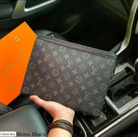 Men Clutch LV monogram black leather model keren lengkap box lv