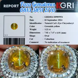 Cats Eye Chrysoberyl ~3.22ct ~GRI ~Golden Line, Neon Color, Glassy