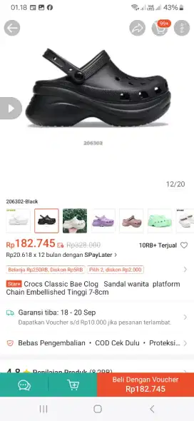 Sandal crocs warna hitam w7 no.37-38