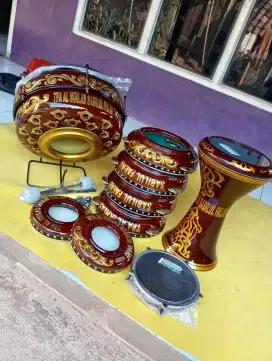 Alat musik Rebana Hadroh satu paket ukir nama bahan kayu mahuni